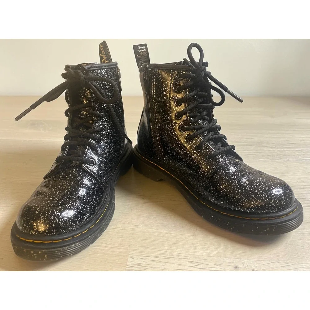 Dr. Martens Cosmic Glitter Black Lace Up Side Zip Boots Kids Size 2